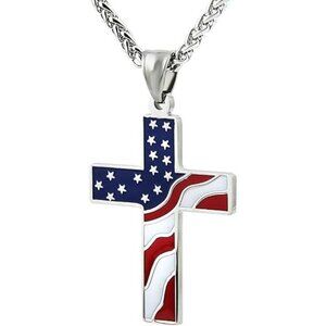 1 Silver American Flag Patriotic Cross Religious Jewelry Pendant Necklace